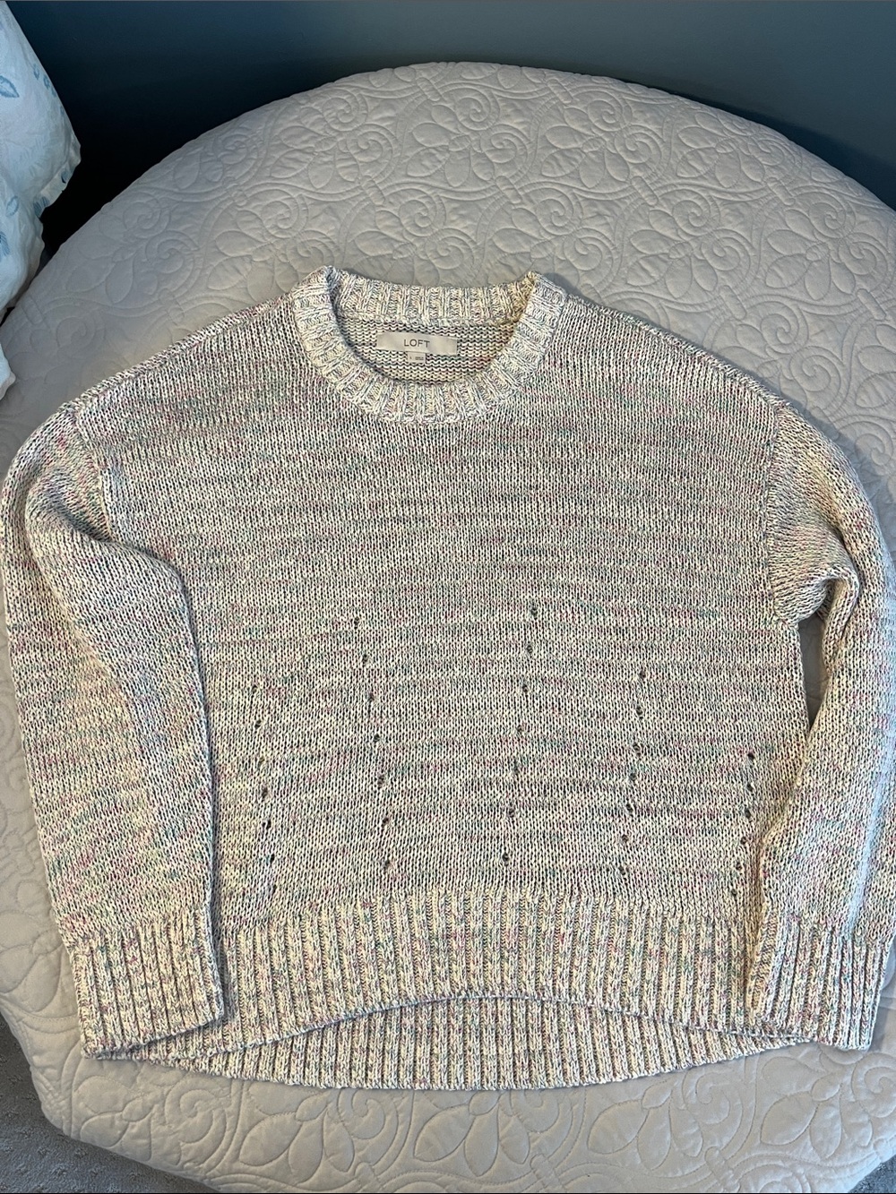 LOFT Cream Crewneck Sweater with Soft Multicolor Flecks